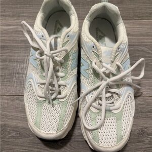 New Balance White Sneakers with sage Green & Pale Blue women’s size 7; men’s 5.5
